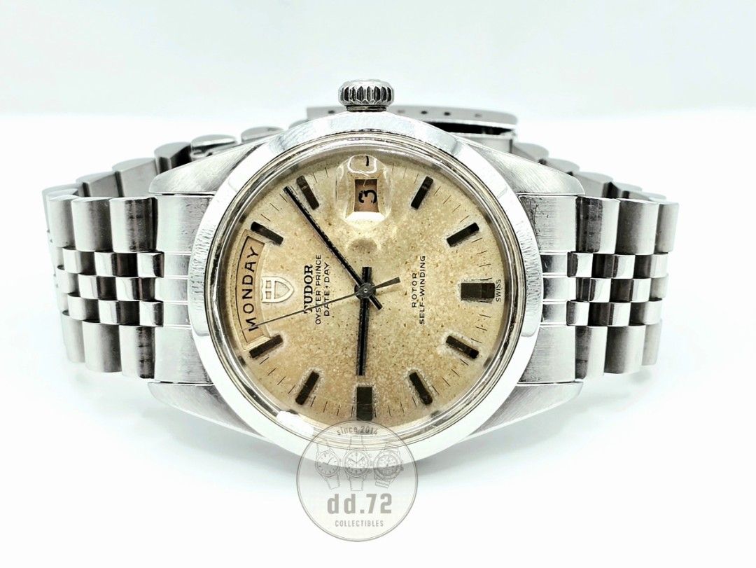 *Sale* 38mm Tudor Prince 7017/0 'Jumbo' Date-Day (Category: Watches) located in Singapore. Submitted by dd72_collectibles (Listing ID 1404824403, Image 2). Description: - 1969 Tudor Oyster Prince Day-Date automatic watch for sale (no trades pls). - Nicknamed "Jumbo" for its less common 38mm case size then. Visually close to the Rolex 1600 datejust, but slightly bigger (for modern wrists). - Natural patina champagne dial. - Purchased preloved from