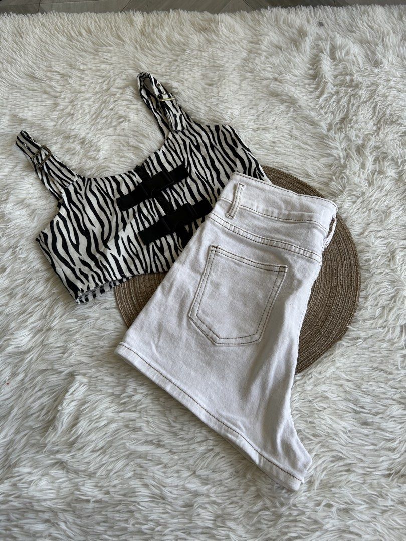 White Denim Shorts and Zebra Print Top (Category: Sets or Coordinates) located in Roxas City. Submitted by kaisclstrxs_5801 (Listing ID 1432536977, Image 2). Description: - Stylish set: white denim shorts and zebra print top - Shorts: high-waisted, two front pockets, double-button closure - Top: unique zebra print with black accents - Perfect for casual and trendy looks - Great for day or night out.