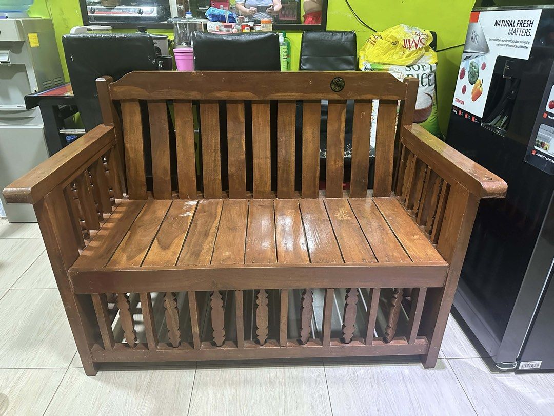 Wooden Bench and Chairs Set (Category: Chairs) located in Manila. Submitted by mchllsbly (Listing ID 1432402314, Image 1). Description: Wooden Chair /Sala Makintab pa May konting scratches pro d halata Payment firts Customer will shoulder sf South Caloocan ang address Message lang po.