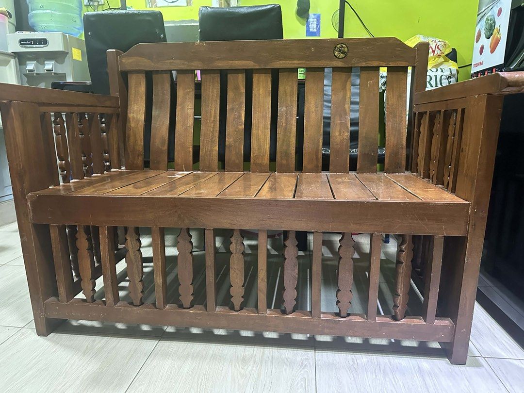 Wooden Bench and Chairs Set (Category: Chairs) located in Manila. Submitted by mchllsbly (Listing ID 1432402314, Image 2). Description: Wooden Chair /Sala Makintab pa May konting scratches pro d halata Payment firts Customer will shoulder sf South Caloocan ang address Message lang po.