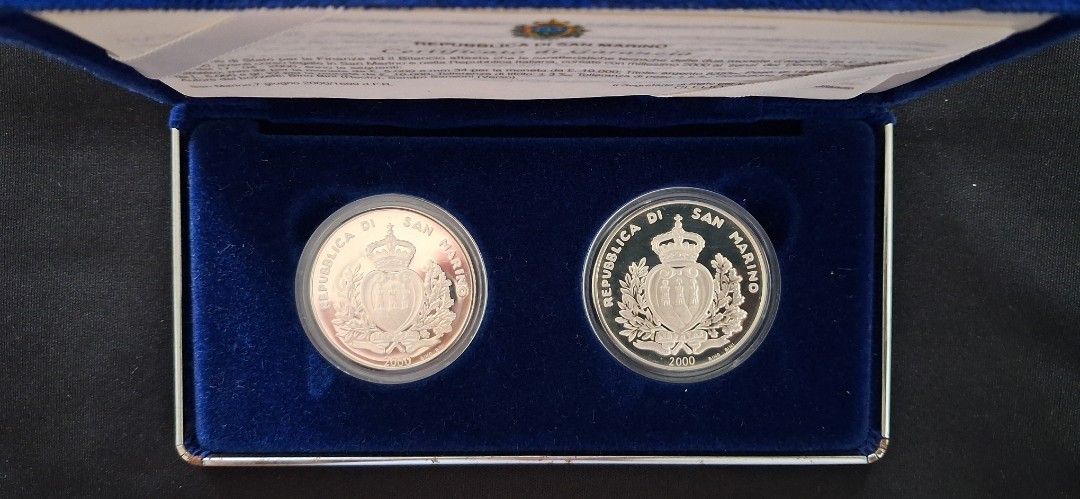 2000 San Marino Jubilee Proof Silver Coin Set (Category: Currency) located in Santa Rosa. Submitted by chris.c. (Listing ID 1432601631, Image 3). Description: 2000 San Marino Jubilee Proof Silver Coin Set 83.5% silver 5,000 Lira - 18 grams 10,000 Lira - 22 grams Complete with box and COA 7,000 pesos + SF Thanks!.