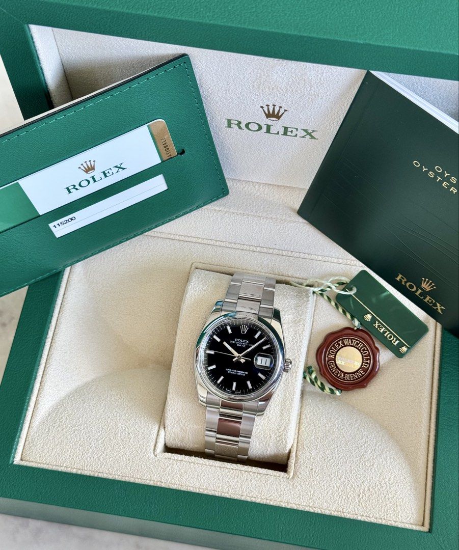 2015 Rolex Oyster Perpetual Date 34 Black Dial Ref. 115200 (Category: Luxury Watches) located in San Juan City. Submitted by vpsantos (Listing ID 1432682591, Image 2). Description: 2015 Rolex Oyster Perpetual Date 34 Black Dial Ref. 115200 -9.7/10 Excellent Condition -Local AD (2015) -34mm Case Size / 11.5 Links -Cal. 3135 Automatic Movement -Complete Box and Papers Price: P388,000.00 Only 📍All watches are open for viewing — Greenhills, San Juan