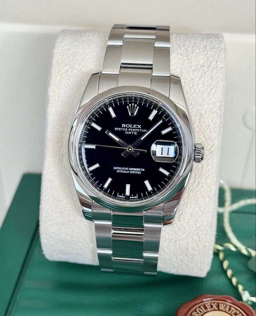 2015 Rolex Oyster Perpetual Date 34 Black Dial Ref. 115200 (Category: Luxury Watches) located in San Juan City. Submitted by vpsantos (Listing ID 1432682591, Image 1). Description: 2015 Rolex Oyster Perpetual Date 34 Black Dial Ref. 115200 -9.7/10 Excellent Condition -Local AD (2015) -34mm Case Size / 11.5 Links -Cal. 3135 Automatic Movement -Complete Box and Papers Price: P388,000.00 Only 📍All watches are open for viewing — Greenhills, San Juan