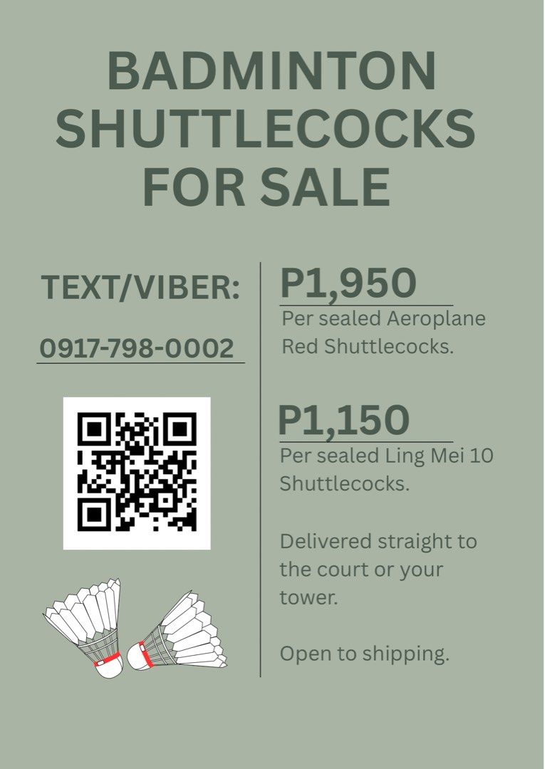Aeroplane & Ling Mei Sealed shuttlecocks (Category: Racket and Ball Sports) located in Quezon City. Submitted by guppuy (Listing ID 1323650681, Image 2). Description: Aeroplane red - 1950 pesos Ling Mei - 1150 pesos.