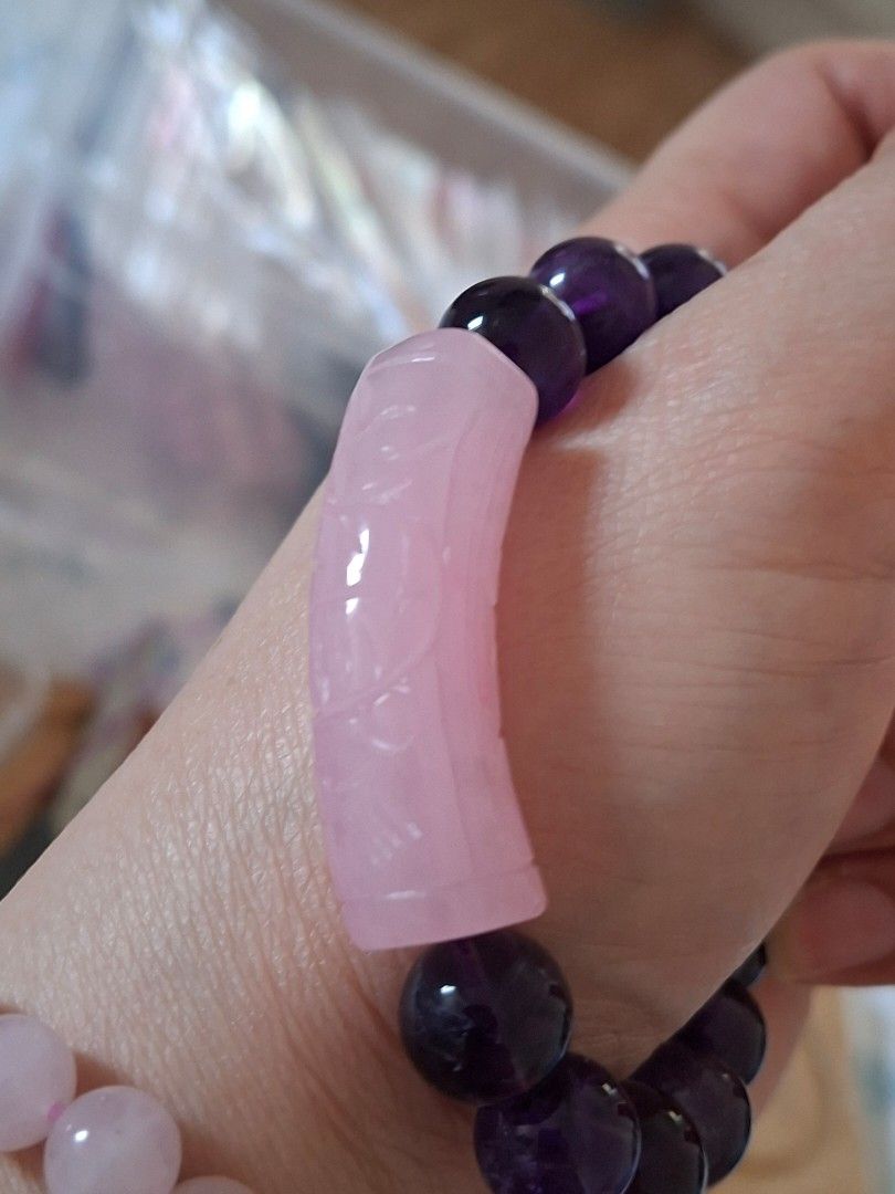 Amethyst and Rose Quartz Bracelet (Category: Bracelets) located in Malabon City. Submitted by skymadison19 (Listing ID 1432657854, Image 1). Description: HQ Amethyst beads in 12mm with Rose Quartz Lucky Turn Bar bracelet.