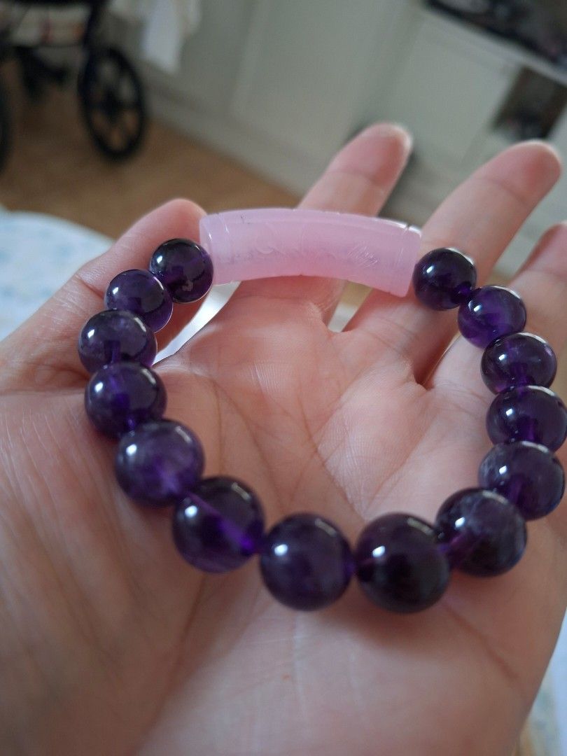 Amethyst and Rose Quartz Bracelet (Category: Bracelets) located in Malabon City. Submitted by skymadison19 (Listing ID 1432657854, Image 2). Description: HQ Amethyst beads in 12mm with Rose Quartz Lucky Turn Bar bracelet.