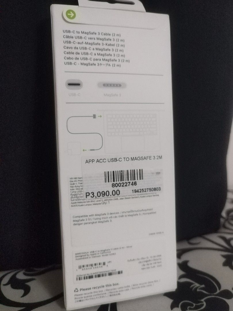 Apple USB-C to MagSafe 3 Cable (2m) - Original Ordered from Apple store (Category: Chargers & Cables) located in Paranaque City. Submitted by umimariel02 (Listing ID 1432696424, Image 1). Description: - Genuine Apple USB-C to MagSafe 3 Cable - 2 meters long - Designed for charging compatible devices - Compatible with MagSafe 3 - Color: White - Original price: P3,090.00.