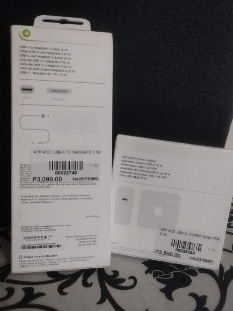 Apple USB-C to MagSafe 3 Cable and Power Adapter (Category: Chargers & Cables) located in Paranaque City. Submitted by umimariel02 (Listing ID 1432696624, Image 1). Description: - Apple USB-C to MagSafe 3 Cable (2m) included. - 70W USB-C Power Adapter included. - Both items are brand new. - All items are in original packaging. - Cable for charging and syncing. - Power adapter for fast charging..