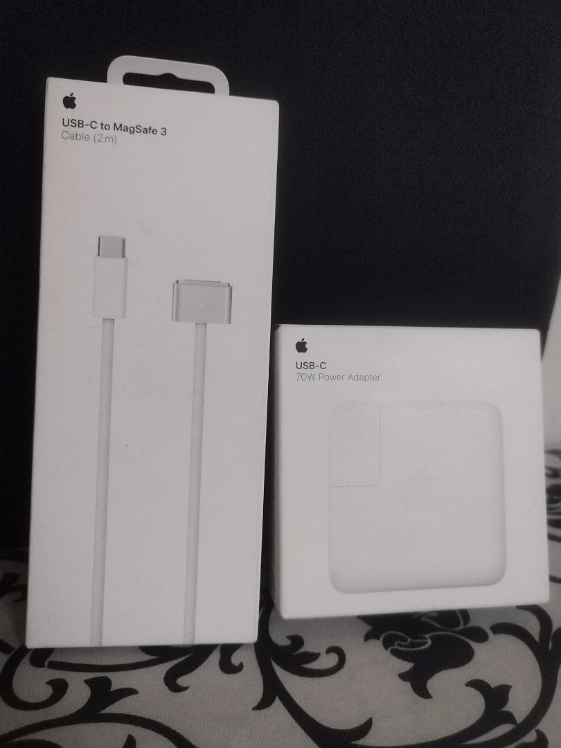 Apple USB-C to MagSafe 3 Cable and Power Adapter (Category: Chargers & Cables) located in Paranaque City. Submitted by umimariel02 (Listing ID 1432696624, Image 2). Description: - Apple USB-C to MagSafe 3 Cable (2m) included. - 70W USB-C Power Adapter included. - Both items are brand new. - All items are in original packaging. - Cable for charging and syncing. - Power adapter for fast charging..