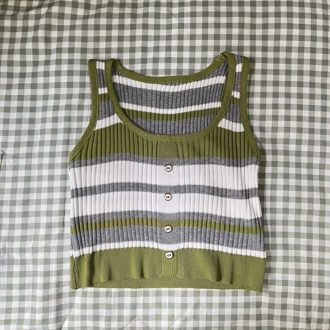 Army Green Striped Tank Top (Category: Sleeveless) located in Taytay. Submitted by pompompurinrin (Listing ID 1432597515, Image 1). Description: – worn a few times – rfs: decluttering payment via gcash or maribank, shipping fee should be shouldered by buyer.
