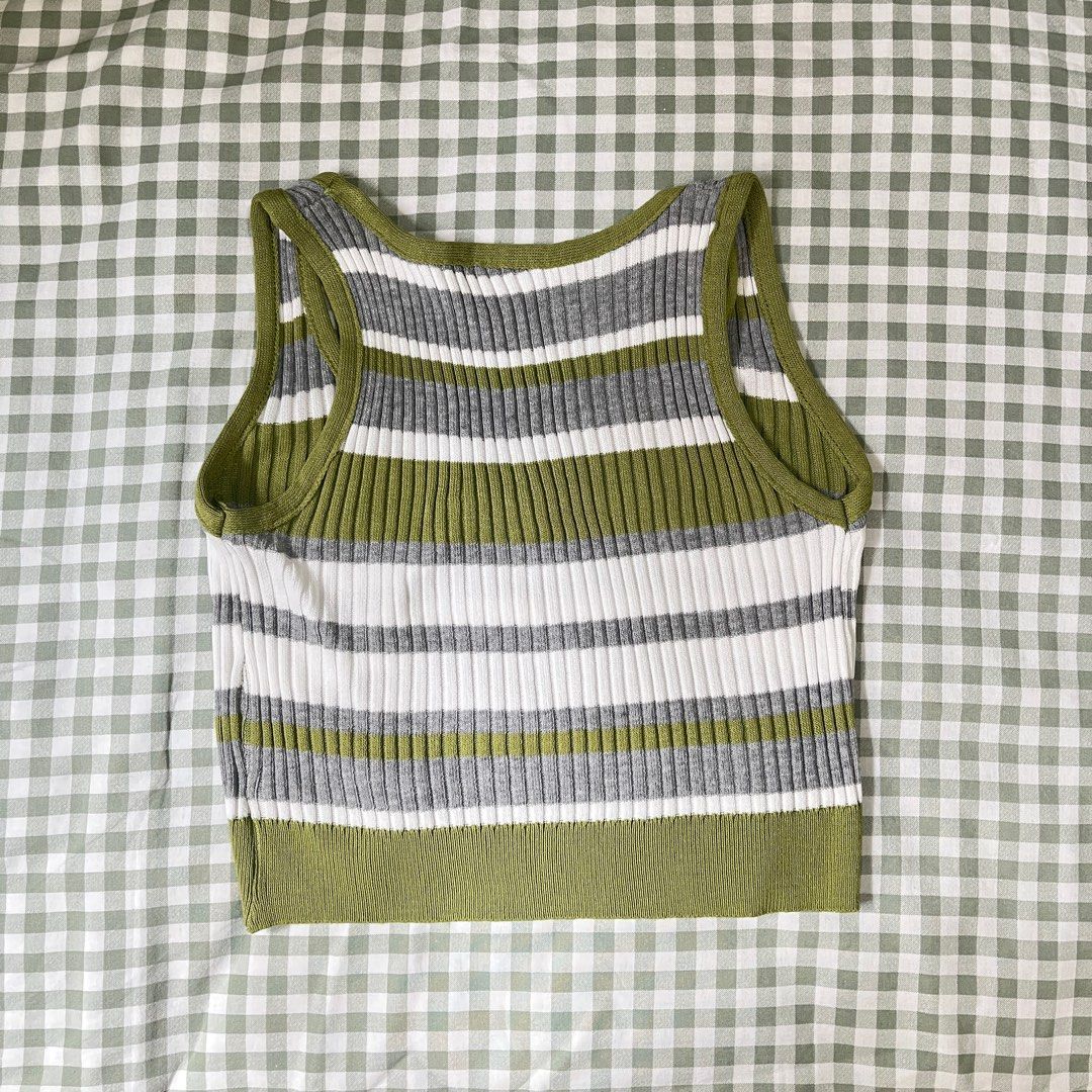 Army Green Striped Tank Top (Category: Sleeveless) located in Taytay. Submitted by pompompurinrin (Listing ID 1432597515, Image 2). Description: – worn a few times – rfs: decluttering payment via gcash or maribank, shipping fee should be shouldered by buyer.