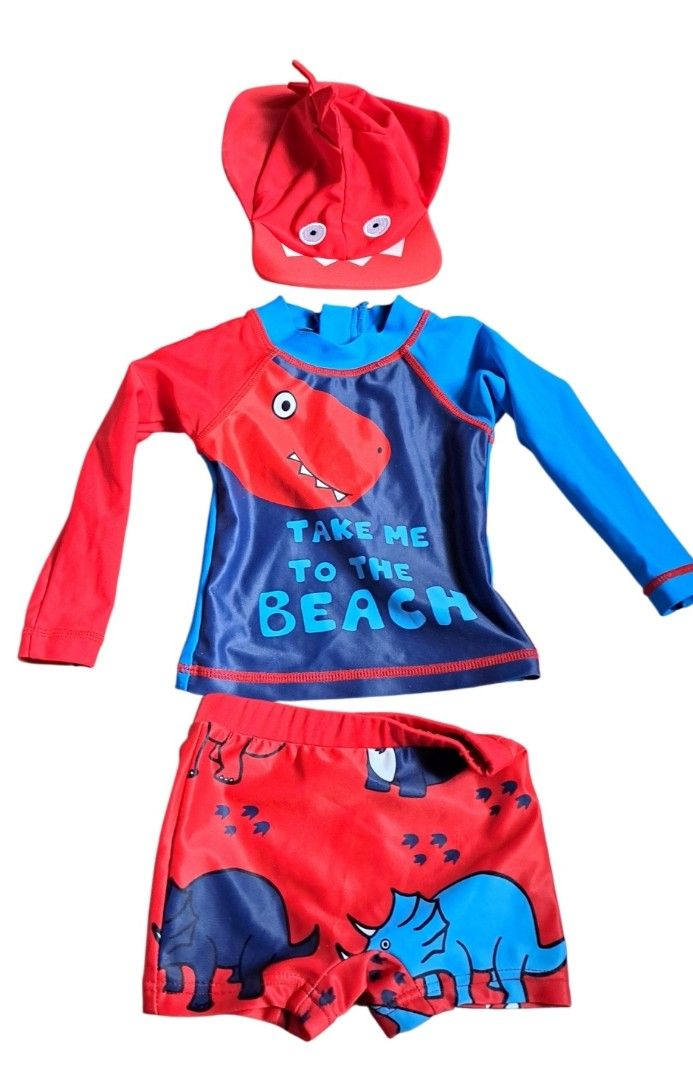 Baby Boy Dinosaur rushguard Set 3-6 Months (Category: Babies & Kids Fashion) located in Batangas. Submitted by yanaspreloved2 (Listing ID 1432684266, Image 1). Description: - Adorable baby boy swimsuit set. - Dinosaur theme. - Includes: rash guard top, swim shorts, and matching cap. - Top features a dinosaur graphic and the text "TAKE ME TO THE BEACH". - Shorts have dinosaur prints. - Size: 3-6 months (68cm). -once used only -excellent condition 
