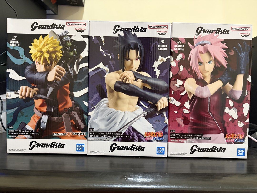 Bandai Naruto Grandista Figures (Category: Figurines & Statues) located in Agdangan. Submitted by omocha10 (Listing ID 1432758690, Image 1). Description: - Naruto Grandista Figure Set (3 figures) - Includes: Uzumaki Naruto, Uchiha Sasuke, and Haruno Sakura - From the Naruto 72 series - Each figure comes in its original box - Boxes feature Bandai Namco and Banpresto logos.