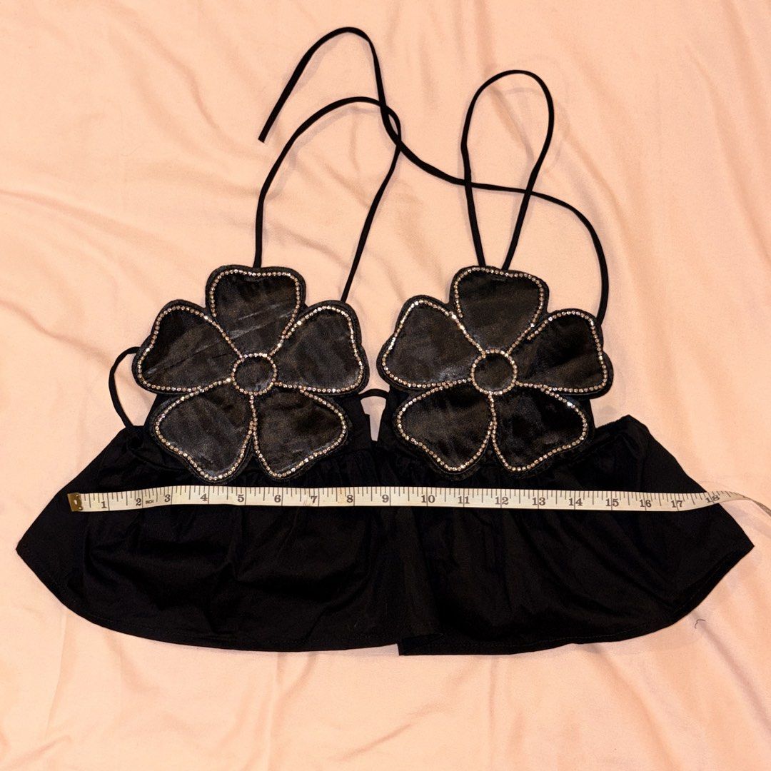 Black rhinestone floral poplin top (Category: Sleeveless) located in Taguig. Submitted by BAVDsroom (Listing ID 1432732783, Image 2). Description: Never used. Can fit ip to semi-large. DM for WW pics.
