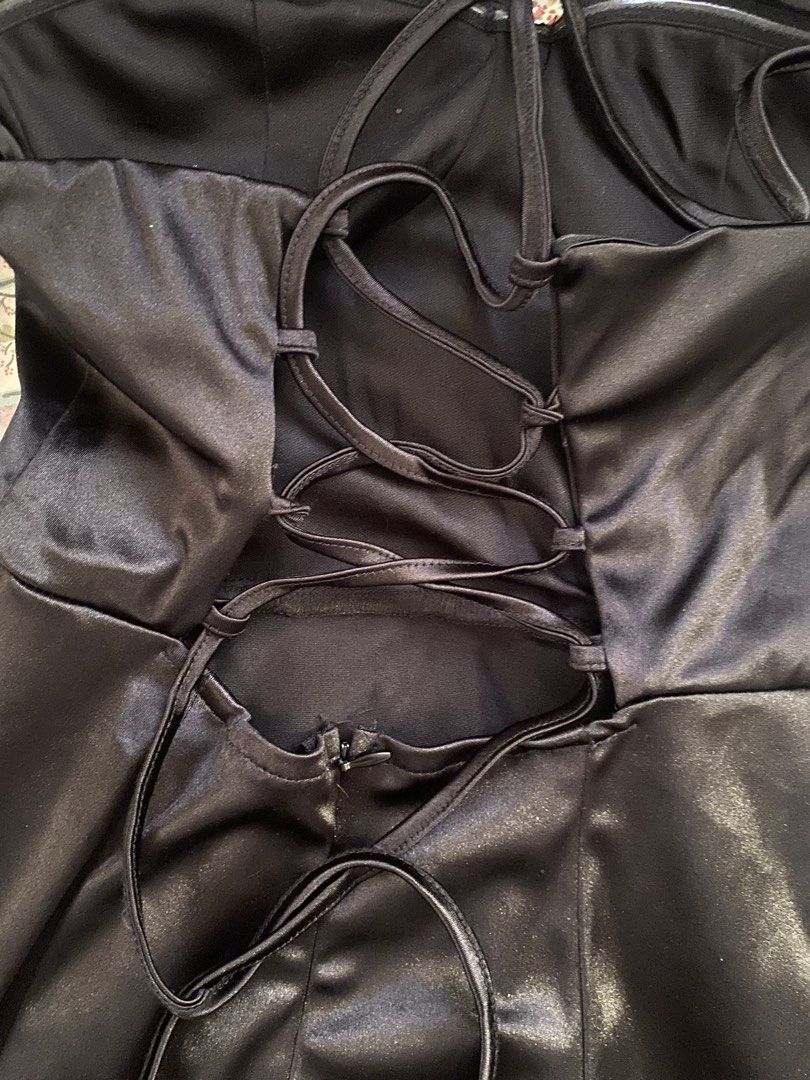 Black Satin Corset Dress (Category: Dresses) located in Malolos. Submitted by august.leo (Listing ID 1432680001, Image 3). Description: - Black satin dress with slit, adjustable - fits xs - small - used once - bought in shein for 1.2k (can’t find the listing anymore) - dm for ww photos.