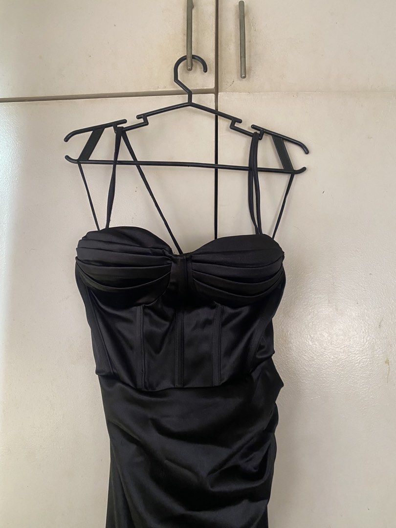 Black Satin Corset Dress (Category: Dresses) located in Malolos. Submitted by august.leo (Listing ID 1432680001, Image 2). Description: - Black satin dress with slit, adjustable - fits xs - small - used once - bought in shein for 1.2k (can’t find the listing anymore) - dm for ww photos.