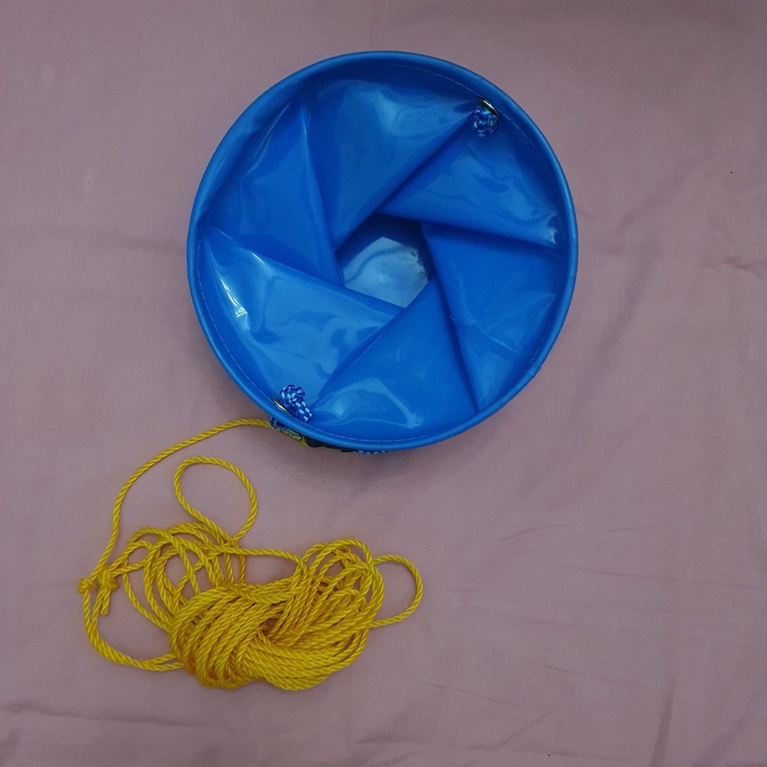 Blue Collapsible Bucket with Rope (Category: Fishing) located in Paranaque City. Submitted by cobien (Listing ID 1432791603, Image 2). Description: - Blue collapsible bucket - 8.25-inch diameter - 8-inch height - Comes with a yellow rope - Folds flat for easy storage - Perfect for camping, fishing, and home use.