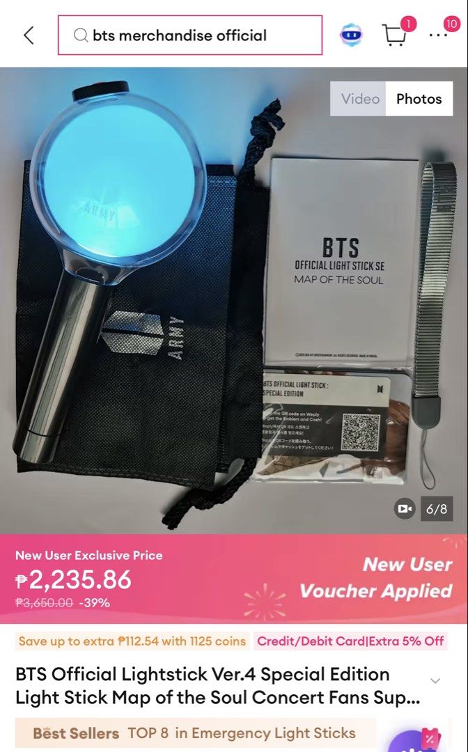 BTS Official Lightstick Ver.4 Special Edition (Category: K-Wave Merchandise) located in Cavite. Submitted by leanmayp_404 (Listing ID 1432705530, Image 1). Description: - Brand new BTS Official Lightstick Ver. 4 Special Edition - Includes: Lightstick, box, dust bag, strap, and photocards - Lightstick features a clear globe with the BTS logo - Black handle with two buttons - Box is black with BTS logo and "MAP OF THE SOUL" - Emits blue and white l