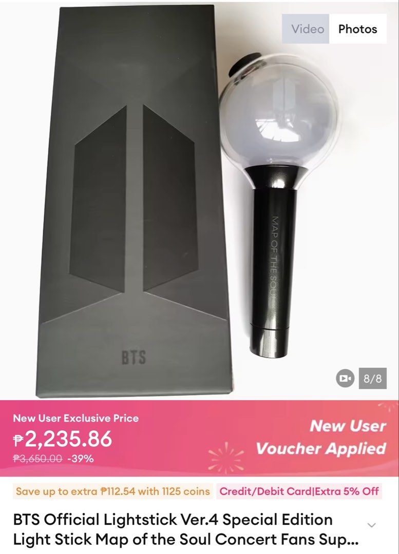 BTS Official Lightstick Ver.4 Special Edition (Category: K-Wave Merchandise) located in Cavite. Submitted by leanmayp_404 (Listing ID 1432705530, Image 2). Description: - Brand new BTS Official Lightstick Ver. 4 Special Edition - Includes: Lightstick, box, dust bag, strap, and photocards - Lightstick features a clear globe with the BTS logo - Black handle with two buttons - Box is black with BTS logo and "MAP OF THE SOUL" - Emits blue and white l