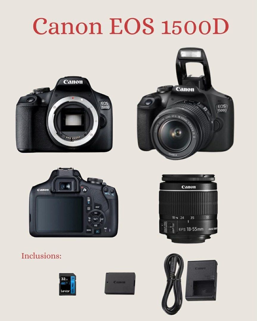 Canon EOS 1500D (Category: Cameras) located in Santol. Submitted by abiiiiiiiiii (Listing ID 1432760439, Image 1). Description: (Slightly Negotiable) ✨ Condition: No issues, no hidden defects No dents, no damage Smooth and fully working Well taken care of 👉 Ready to shoot agad — complete set, no need bumili ng extra 📦 Inclusions: ✔️ Canon EOS 1500D Body ✔️ Kit Lens (EF-S 18-55mm) ✔️ 32GB Lexar 800x Pro SD Card ✔️ Original Battery (LP-E10) ✔️ Ba