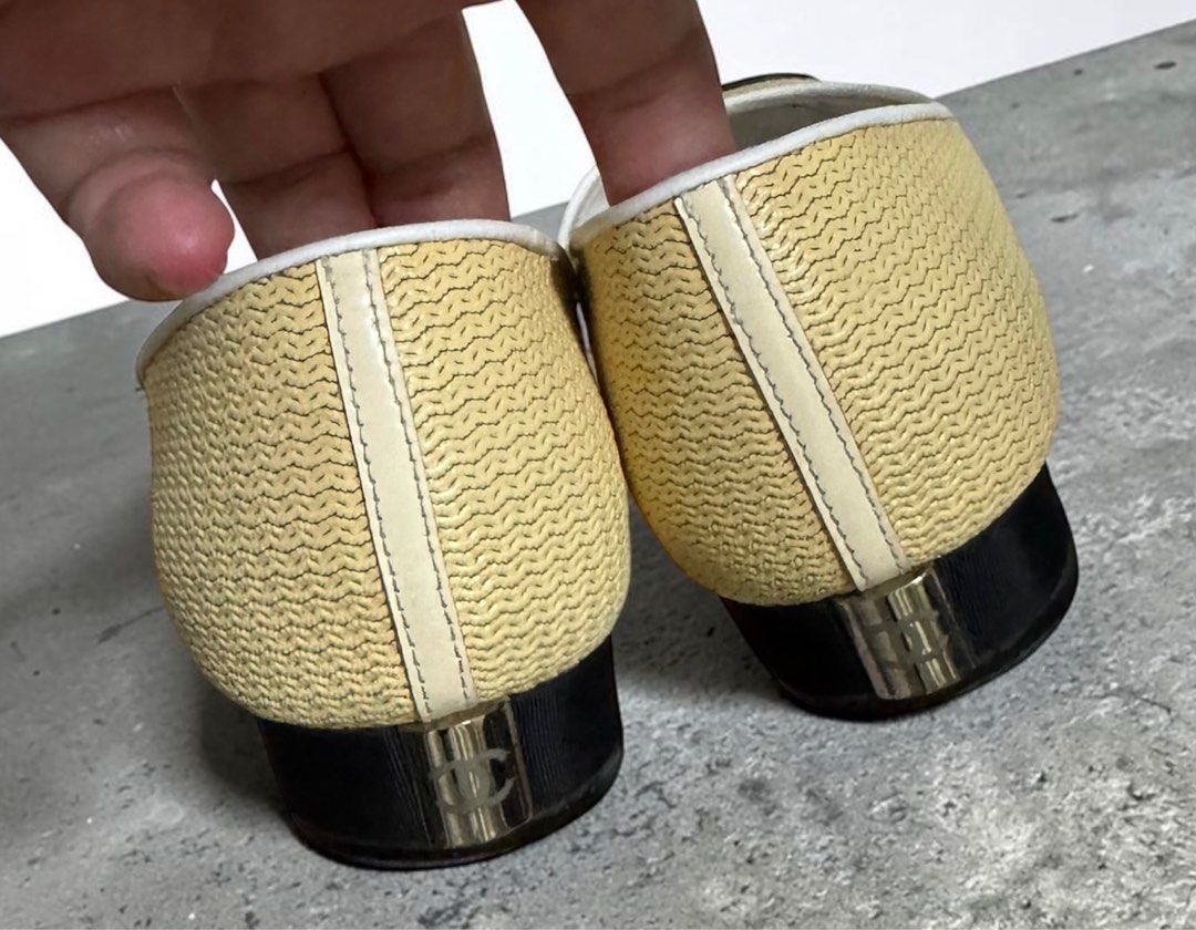 Classy Chanel Flats - Size 38.5 (Category: Flats & Sandals) located in Cebu City. Submitted by mom_yvoh (Listing ID 1419149732, Image 2). Description: - Guarsnteed Authentic Chanel flats - Size: 38.5 - Features: Yellow woven upper, black cap toe and sole - Chanel logo visible on insole and heel - Made in Italy - Serial number: A G28191 - Very comfortable to wear -Used but well loved. Recently had a shoe spa -Heels recently replaced - last pic not