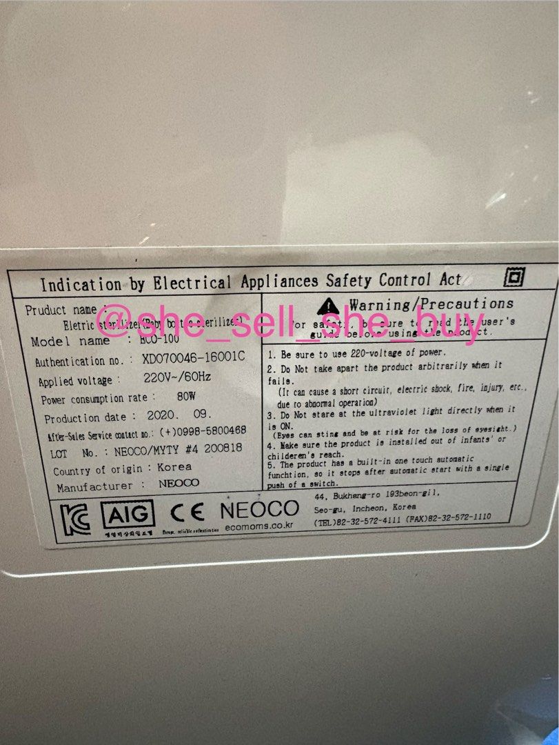 Ecomom Electric Sterilizer BCD-100 (Category: Breastfeeding & Bottle Feeding) located in Quezon City. Submitted by she_Sell_she_buy (Listing ID 1432602491, Image 2). Description: - Ecomom Electric Sterilizer (Model BCD-100) - Features: UV, Dry/Anion, and Auto functions - Sterilization Time: Up to 15 minutes - Made in Korea - Power: 80W - Production Date: September 2020 - Color: Black - Includes Original Box.