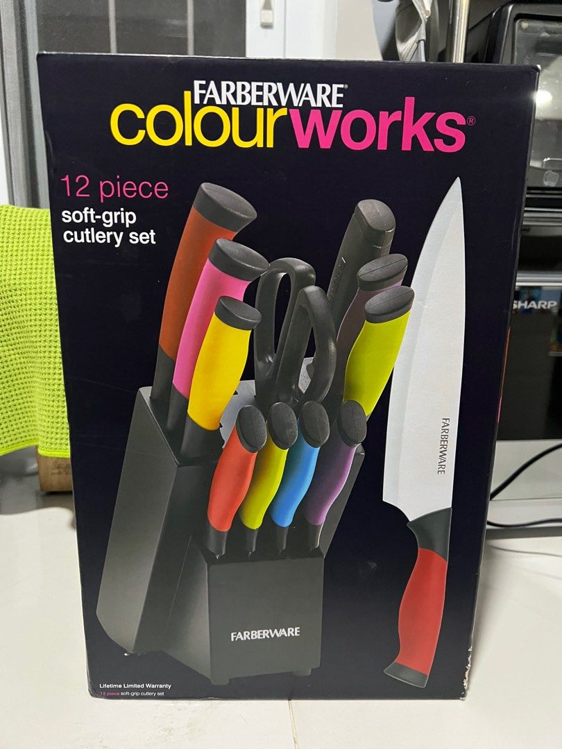 Farberware Colourworks 12-Piece Soft-Grip Cutlery Set (Category: Dinnerware & Cutlery) located in Imus. Submitted by caseyandalex (Listing ID 1432705934, Image 1). Description: - Farberware Colourworks 12-piece cutlery set - Includes knives with colorful soft-grip handles - Matching knife block included - Complete set with various knife types - Knives are individually wrapped - Ideal for any kitchen.