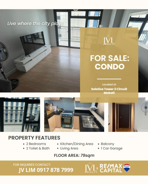 FOR SALE: SOLSTICE TOWER 2 CIRCUIT MAKATI (Category: Apartments & Condos) located in Makati City. Submitted by jvlreallty (Listing ID 1210434862, Image 1). Description: SOLSTICE TOWER 2 CIRCUIT MAKATI (DS-23-106) 📍FA: 79 sqm, 2BR, 2T&B 📍Balcony, 1 Carpark 📍Facing South 🔥Seller is highly motivated 📍 KEY NEARBY SPOTS: 🛍️ Malls & Shopping: Ayala Malls Circuit & Circuit Lane (Direct Access) Century City Mall (~5 mins) 🎓 Schools & Universities: