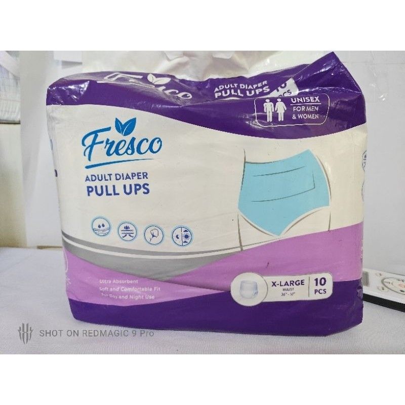 Fresco Adult Diaper Pull Ups X-Large (Category: Diapers & Baby Wipes) located in Manila. Submitted by emitakerus08386 (Listing ID 1432668324, Image 1). Description: - Fresco Adult Diaper Pull Ups - Unisex design (men and women) - X-Large size - 18 pieces - Ultra-absorbent - Soft and comfortable fit - Suitable for day and night use.