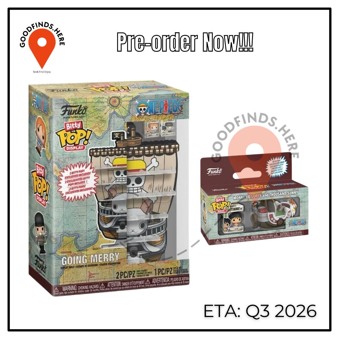 Funko: One Piece Bitty Pop Preorder (Category: Designer & Blind Box Toys) located in Pasig City. Submitted by goodfinds.here (Listing ID 1432657283, Image 1). Description: ❗Funko: One Piece Bitty Pop Preorder❗ ▪️Monkey D. Luffy & Thousand Sunny ₱750/ DP: 300 ▪️Going Merry Bitty Pop Display ₱1,950 / DP: 1k ETA: Q3 2026 (subject for delay or to change without prior notice) DOWNPAYMENT is required to reserve slots ❗For Pre-order ONLY, No extra avail