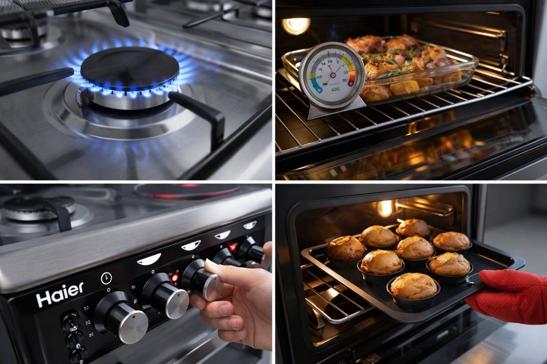 Haier Hybrid Culinary System Dual Fuel Range (Category: Other Kitchen Appliances) located in Pasig City. Submitted by sweetseller.et2026 (Listing ID 1432614127, Image 2). Description: - Haier Hybrid Culinary System: Dual fuel range (gas and electric). - Oven features: Interior light and viewing window, rotisserie functionality - Gas burners: Electronic ignition. - Design: Stainless steel and matte black finish. - Includes: Patterned safety glass 