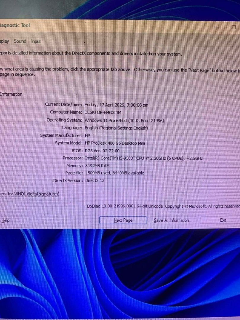 HP prodesk 400 G5 desktop Mini (Category: Desktops) located in Manila. Submitted by happyearth.953a15 (Listing ID 1432790604, Image 3). Description: HP prodesk 400 G5 desktop Mini I5 9th gen Intel UHD Graphics 630 8gb ram 120gb ssd Windows 11 pro OS Unit with power adapter 💸💸 8,500 Location: San Andres bukid manila Pick up or deliver cod.