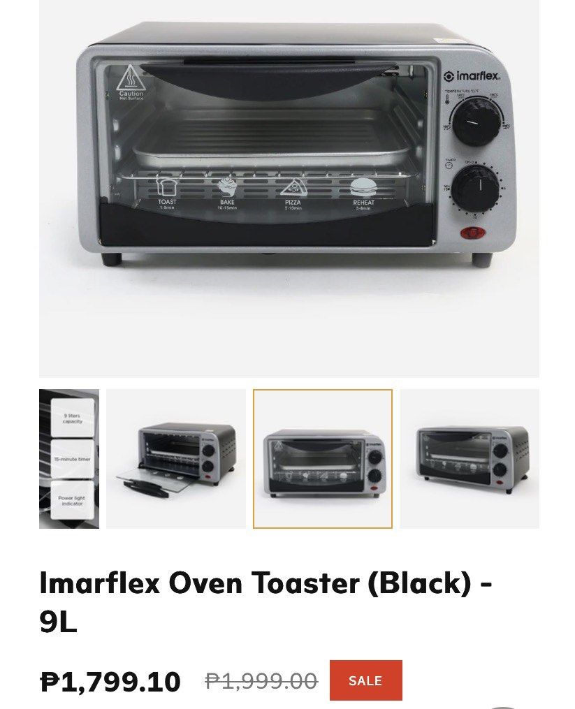 Imarflex Oven Toaster (Category: Ovens & Toasters) located in Quezon City. Submitted by realdealfinds (Listing ID 1432688438, Image 1). Description: Working perfectly Needs cleaning Online Seller since 2000 Offering preloved and brandnew pieces All items are 100% original and authentic. No fakes. No doubts. Buy with confidence. Kindly review all details prior to purchase. No when-worn photos available. All sales are final (no returns, no refunds)