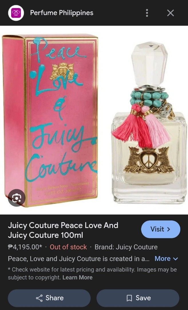 Juicy Couture Perfume Peace Love (Category: Fragrance & Deodorants) located in Manila. Submitted by belair06 (Listing ID 1432717162, Image 2). Description: Brand New Authentic Juicy Couture perfume from us - still sealed with plastic, never opened - rfs: too many perfumes - perfect for self or gift! will send actual photos thru pm to avoid photo steal. 4k in rustans.