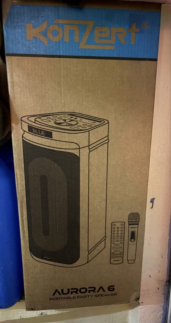 Konzert Aurora 6 Portable Party Speaker (Category: Soundbars, Speakers & Amplifiers) located in Manila. Submitted by annnochibi (Listing ID 1432598829, Image 3). Description: RUSH FOR SALE!!! Konzert Aurora 6 2x6.5” Party Speaker with USB/SD, FM Radio, Bluetooth + TWS - 4500w -bought last year Dec. 2025 w/ store receipt - Includes microphone and remote control - Features volume, bass, and treble controls - Selectable modes - Stylish design with b