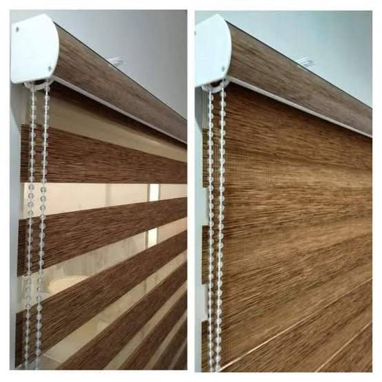 Korean Duo Semi Blackout Aesthetic Blinds (Category: Curtains & Blinds) located in Quezon City. Submitted by livingminimal8 (Listing ID 1432682949, Image 2). Description: - Wood Teak W516 aesthetic blinds - Color: Brown - Size: 120 width x 150cm height - Design: Dual-layer with alternating opaque and translucent stripes - Operation: Beaded chain - rfs: decluttering (i have 2 pieces).