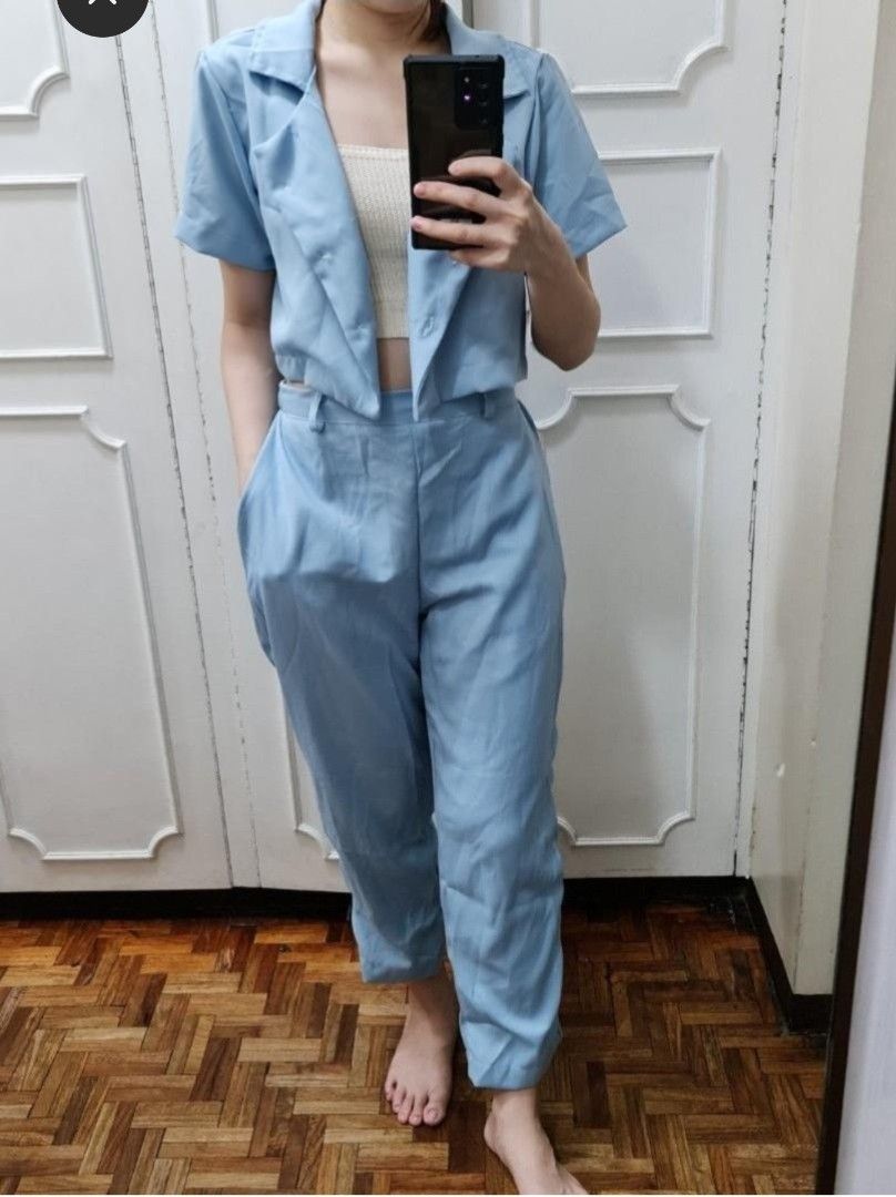Light Blue Coordinates Set Polo and Pants (White Inner Not Included) (Category: Sets or Coordinates) located in Quezon City. Submitted by snowflakes.specials (Listing ID 1432759955, Image 1). Description: Fits XS-S Never used Inner white not included.