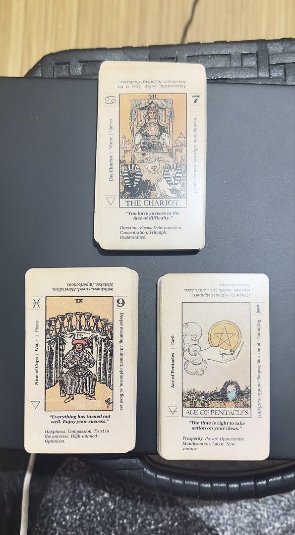Meaning Tarot Card Deck (Category: Vintage Collectibles) located in Taguig. Submitted by seek_and_ship (Listing ID 1432754774, Image 3). Description: - Meaning Tarot Deck (78 cards) - Antique designs - Includes keywords, reversed meanings, and zodiac associations - Good for beginners and Easy to understand .