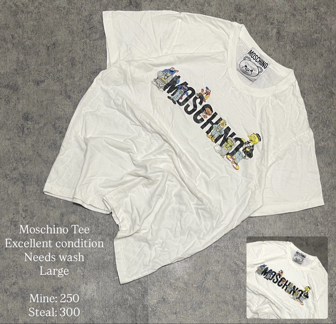 Moschino Tee (Category: Activewear) located in Sorsogon. Submitted by vanbercs (Listing ID 1432709119, Image 1). Description: - Moschino Tee - Size: Large - Condition: Excellent (needs wash) - Features a unique graphic design - Perfect for casual wear - Stylish and eye-catching.