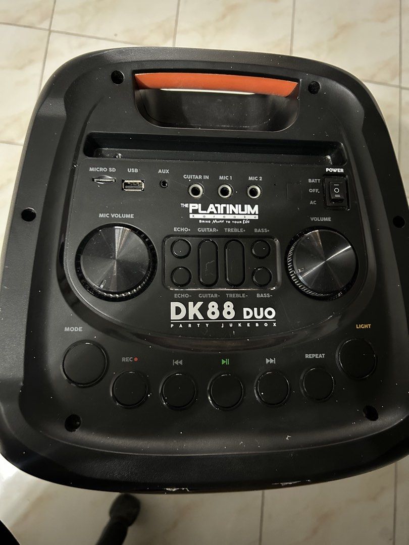 Platinum Karaoke DK88 Duo Party Jukebox Speaker (Category: Soundbars, Speakers & Amplifiers) located in Caloocan City. Submitted by corviz (Listing ID 1432607105, Image 2). Description: Issue Battery mode NOT working, Only works when plugged in. 7k fix north caloocan loc rfs nakatambak nlng, di na nagagamit. - Platinum Karaoke DK88 Duo speaker with two type c rechargable microphones - Includes a songbook - Features Micro SD, USB, and guitar input