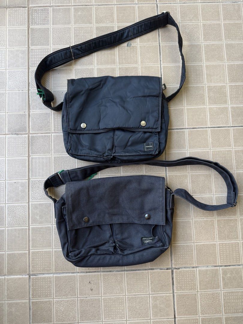 Porter Messenger Bag - Black (Category: Sling Bags) located in Legazpi City. Submitted by tiny0509 (Listing ID 1432661881, Image 1). Description: Black messenger bag from Porter. Features multiple compartments and a shoulder strap. The bag has a zipper closure and a flap with snap closures. The interior has a contrasting orange lining. Made in Japan. aspack 2pcs sling.
