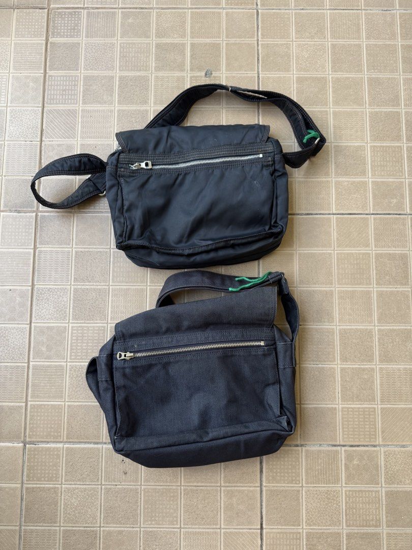 Porter Messenger Bag - Black (Category: Sling Bags) located in Legazpi City. Submitted by tiny0509 (Listing ID 1432661881, Image 2). Description: Black messenger bag from Porter. Features multiple compartments and a shoulder strap. The bag has a zipper closure and a flap with snap closures. The interior has a contrasting orange lining. Made in Japan. aspack 2pcs sling.
