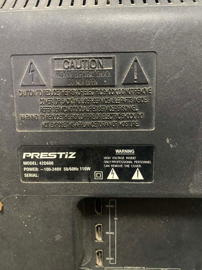 Defective Unit Preztiz 42 inch LED TV (Category: TV) located in Quezon City. Submitted by gjcollexionsph (Listing ID 1432606366, Image 2). Description: - Preztiz 42D600 LED TV - Multiple HDMI ports - Component input - Power input: 100-240V, 50/60Hz, 110W - Black frame - Power cable included - Model number visible on the back .