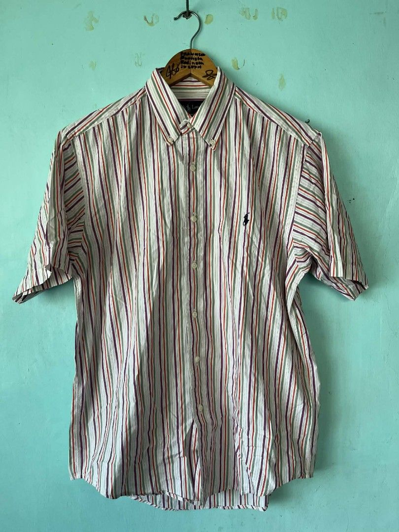 Ralph Lauren Custom Fit Striped Shirt (Category: Tshirts & Polo Shirts ) located in Cabanatuan. Submitted by chinithou (Listing ID 1432669521, Image 1). Description: - Ralph Lauren Custom Fit shirt - Size: M - Pattern: Striped (White, Red, Purple, Green) - Features the Ralph Lauren logo - Button-down collar - Classic fit.