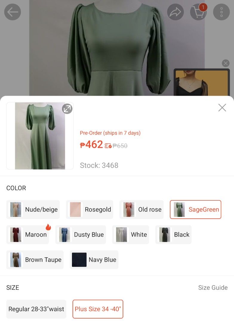 Sage Green Puff Sleeve Dress (Category: Dresses) located in Pasig City. Submitted by jncvllnv (Listing ID 1432629270, Image 3). Description: BRAND NEW Never been used, Sinukat lang po. Original Price: 400+ sa orange app Neoprene fabric (makapal and bagsak).