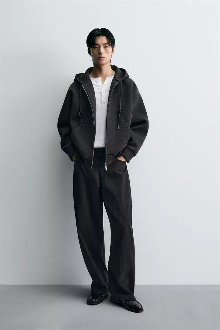[SALE] Oversized Zara Dark Grey Jacket Medium (Category: Coats, Jackets and Outerwear) located in Manila. Submitted by bas_and (Listing ID 1432748758, Image 1). Description: Price slightly negotiable. Worn a few times only in very good condition Relaxed fit sweatshirt made from compact stretch technical fabric. Adjustable hoodie and long sleeve. Front pouch pockets. Ribbed trims. Front fastening with a two-way zip. COMPOSITION OUTER SHELL 68% pol