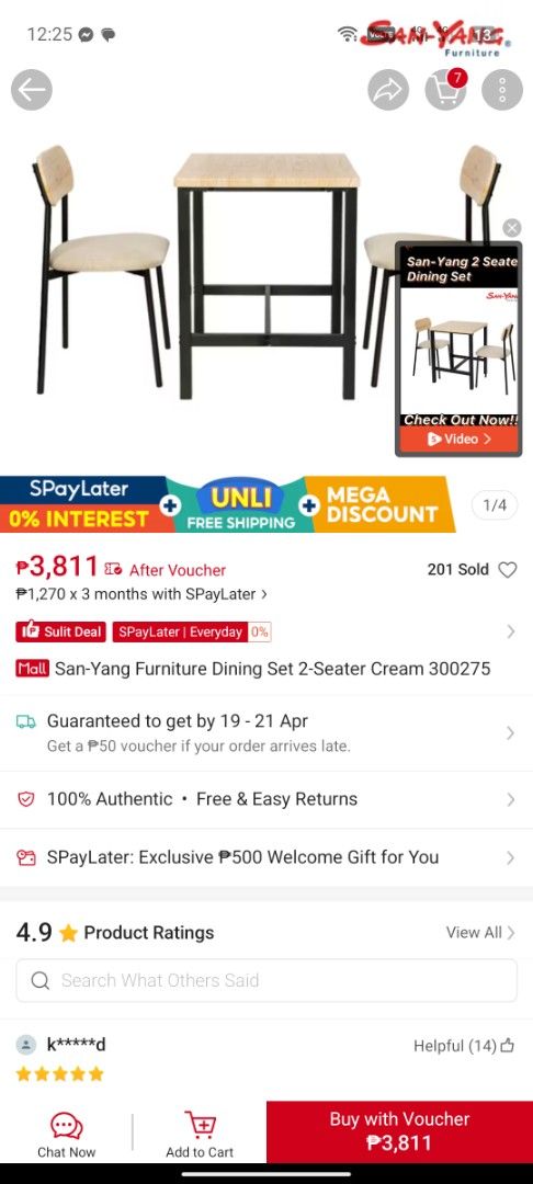 San-Yang Furniture 2-Seater Dining Set Cream (Category: Tables & Sets) located in Navotas City. Submitted by keenpenguin_13f502 (Listing ID 1432739785, Image 2). Description: - San-Yang Furniture dining set (table + 2 chairs) - Perfect for 2 people - Features: Cream tabletop and seats, black frames - Guaranteed delivery: April 19-21 - 100% Authentic - Free and easy returns.