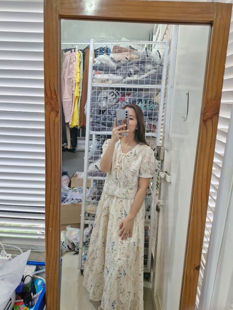Shein eyelet floral Coordinates (Category: Sets or Coordinates) located in Manila. Submitted by kayencee_27 (Listing ID 1432599935, Image 1). Description: Brandnew Shein Sets with individual ziplock pouch Beige floral color puff sleeves Button-down with front tie skirts with inner lining and zipper.