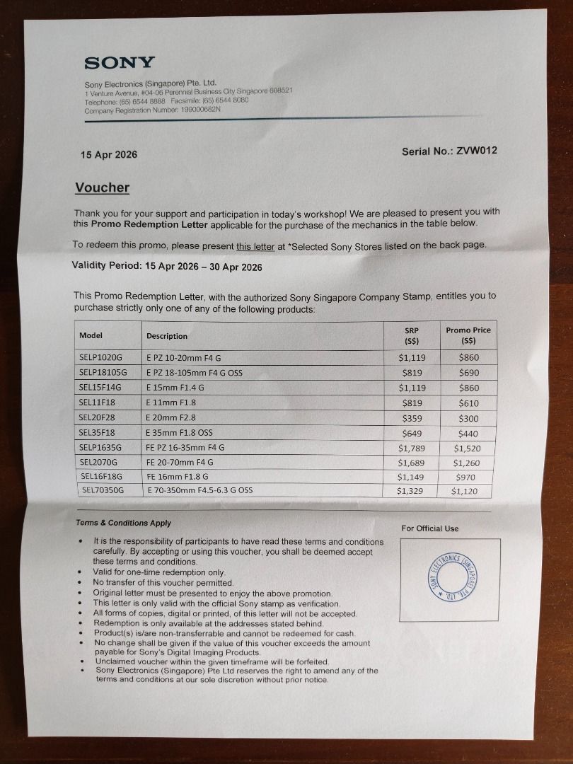 Sony Promo Redemption Letter - Valid Until 30 Apr 2026, Photography ...