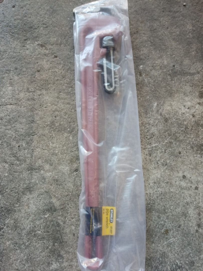 Stanley Pipe Wrench 36 inch (Category: Construction Tools & Equipment) located in Calamba. Submitted by arthurtadd (Listing ID 1432620964, Image 1). Description: - Brand new Stanley pipe wrench - Still in original packaging - Features a red wrench - Includes yellow label with Stanley logo and product information.